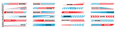 Car race stripes collection. Speed line stickers set. Sport decal elements for motorcycle. Motor racing design. Automobile decoration. Rally dynamic motion.