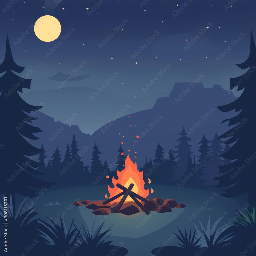 Fototapeta premium Campfire flat design side view outdoor theme animation vivid