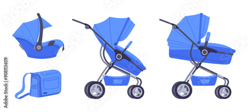 Baby stroller kit. Comfortable and safety newborn carriage with car seat, baby stroller transformer flat vector illustration set. Cartoon blue modular baby transport