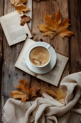 Cup of coffee with an open book and autumn with fallen leaves on a wooden background, seasonal lyrical atmosphere.