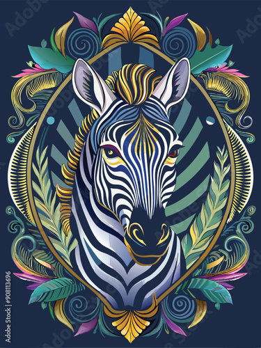 Zebra Portrait with Ornate Floral Frame