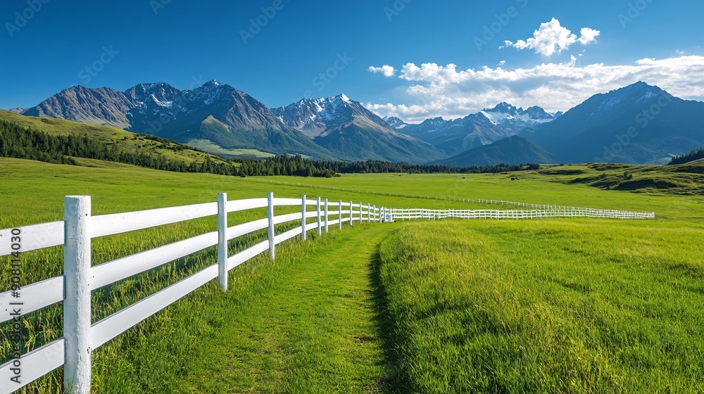 Fototapeta premium White Fence Leading to Mountain View.