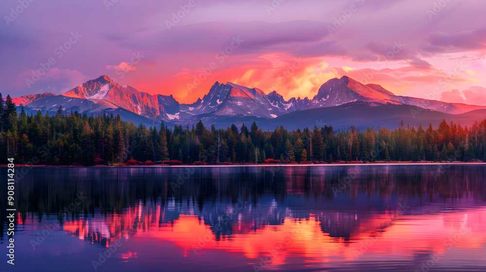 A Breathtaking Mountain Sunrise over a Tranquil Lake Reflecting the Colors of Dawn