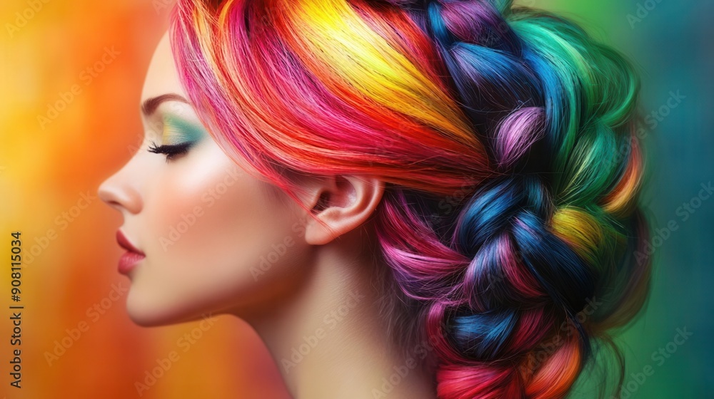 Vibrant rainbowcolored hair in an intricate braid, illustrating creative hairstyling Vibrant rainbowcolored hair in an intricate braid, illustrating creative hairstyling