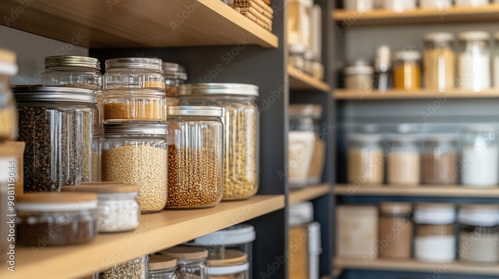 Clean, organized pantry with labeled jars, emphasizing functionality in modern kitchens Clean, organized pantry with labeled jars, emphasizing functionality in modern kitchens