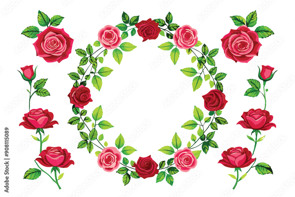 Red and Pink Roses with Green Leaves and Buds on White Background Red and Pink Roses with Green Leaves and Buds on White Background