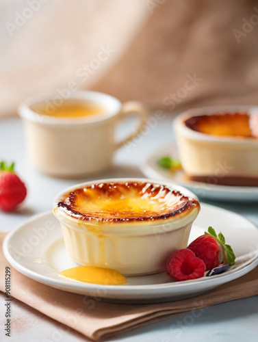 Creme Brulee, dessert consisting of a rich custard base topped with a layer of hardened caramelized sugar. photo