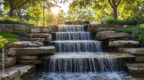 Serene waterfall cascading over stone steps in a lush green park, bathed in warm sunlight.