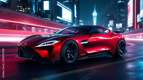 A Futuristic Red Sports Car Racing Through a Neon-Lit Urban Nightscape