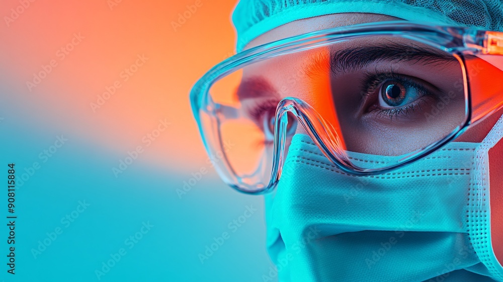 Close up of a doctor's eye with a protective mask and glasses. Close up of a doctor's eye with a protective mask and glasses.