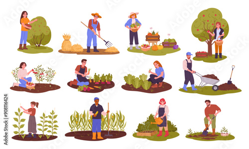 Farm agriculture workers. Harvesting, gardening and husbandry, people harvesting crop and care about farm animals flat vector illustration set. Agriculture farm work scenes