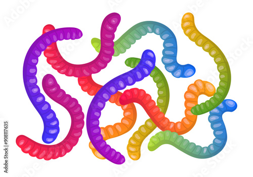 Gummy worms. Chewy marmalade shaped like worms, jelly candies, cute tasty sweets flat vector illustration set. Colorful sugary worms on white