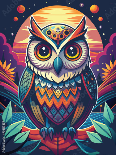 A psychedelic owl with vibrant colors against a cosmic backdrop