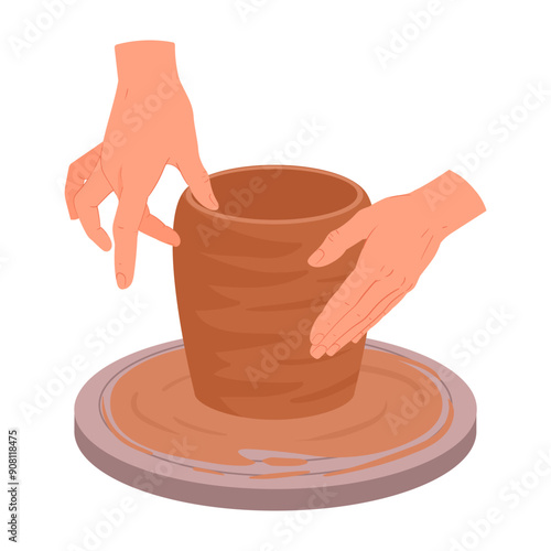 Hand crafting crockery vase. Potters hands work with clay, potters wheel and ceramic modeling process flat vector illustration. Ceramics studio potters hands