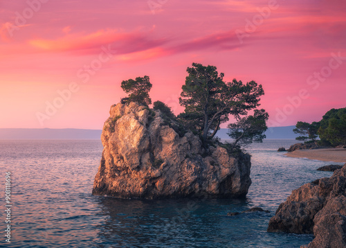 Fototapeta Naklejka Na Ścianę i Meble -  Famous rock with green trees on top and blue sea in Brela, Croatia at sunset in summer. Colorful landscape with sea, cliff and pink sky at dusk. Travel. Nature background. Sea coast and calm water
