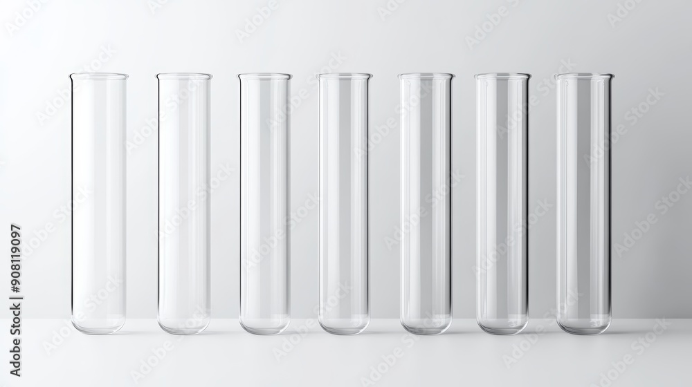 Set of glass test tubes, clean white backdrop, flat design illustration, copy space for text, high-resolution photo, realistic photo Set of glass test tubes, clean white backdrop, flat design illustration, copy space for text, high-resolution photo, realistic photo