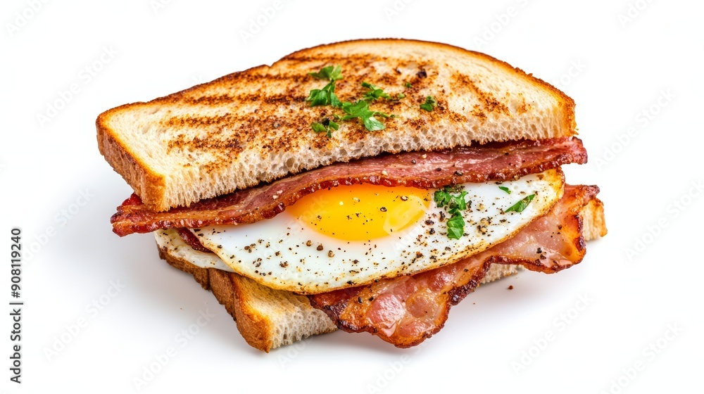 Classic toasted sandwich with egg and bacon, styled on a clean, white background, showcasing the vibrant colors and textures of a hearty breakfast Classic toasted sandwich with egg and bacon, styled on a clean, white background, showcasing the vibrant colors and textures of a hearty breakfast