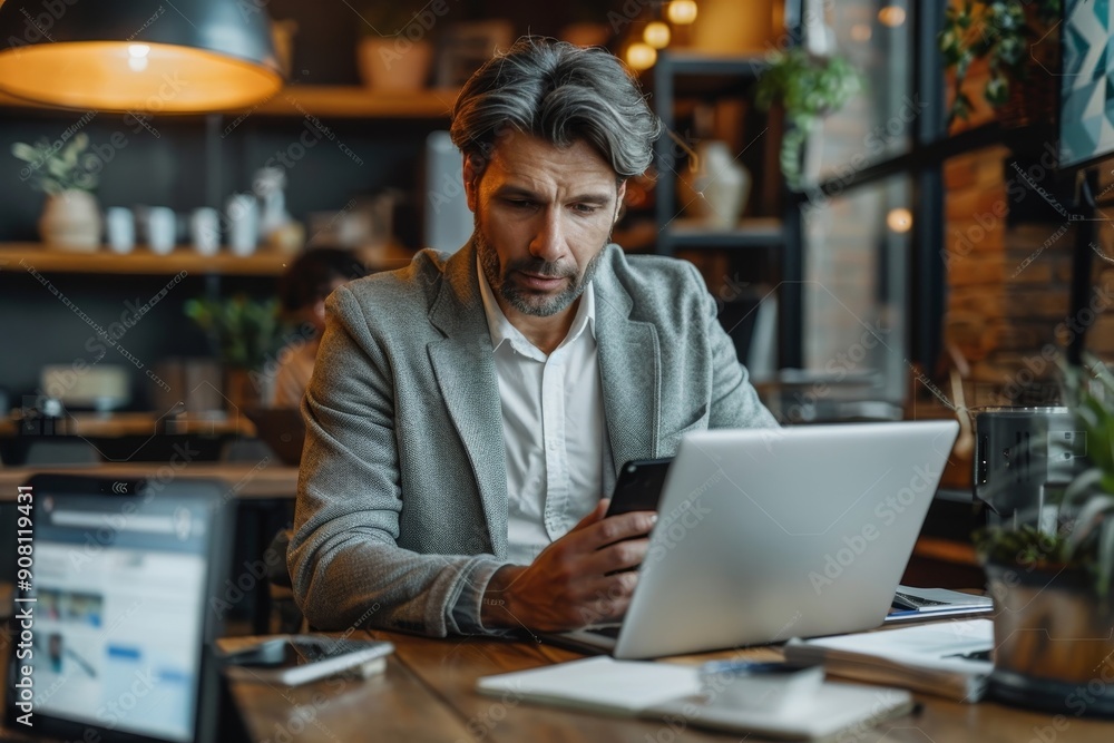 Focused businessman using laptop and smartphone in office, Generative AI Focused businessman using laptop and smartphone in office, Generative AI