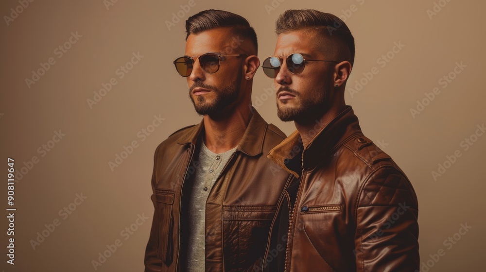 Fototapeta premium Beautiful gay couple standing in a studio, Generative AI