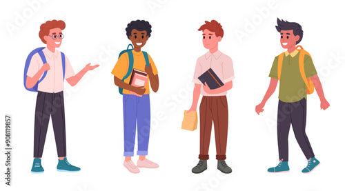 Male school students. Junior high or middle school boys with backpacks and books, happy friends going to school flat vector illustration set. Male school pupils