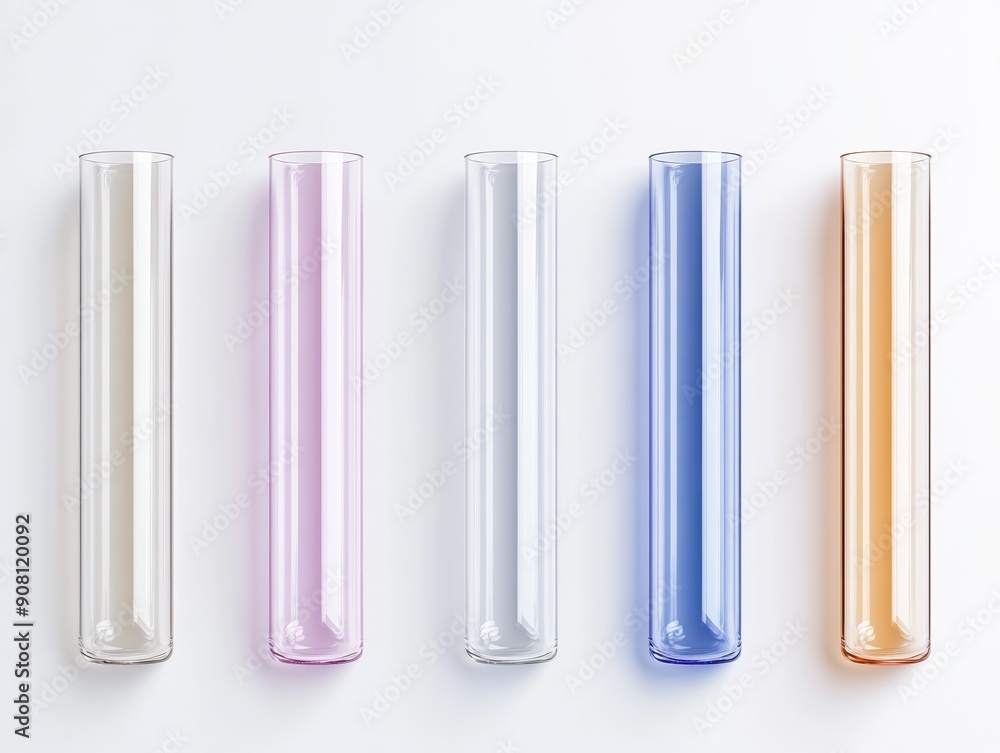 Glass test tubes, white background, flat design illustration, copy space for text, high-resolution photo, realistic photo Glass test tubes, white background, flat design illustration, copy space for text, high-resolution photo, realistic photo