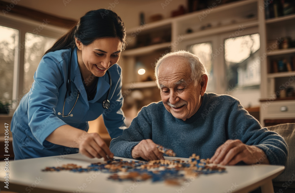 Nurse Supports Parkinson's Patient in Puzzle Therapy for Calmness Nurse Supports Parkinson's Patient in Puzzle Therapy for Calmness