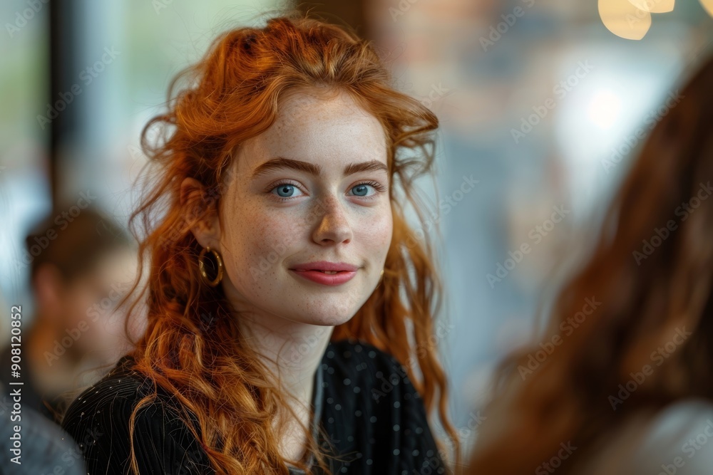 Fototapeta premium Young business woman having a cooperative discussion with her team in a standup meeting, Generative AI