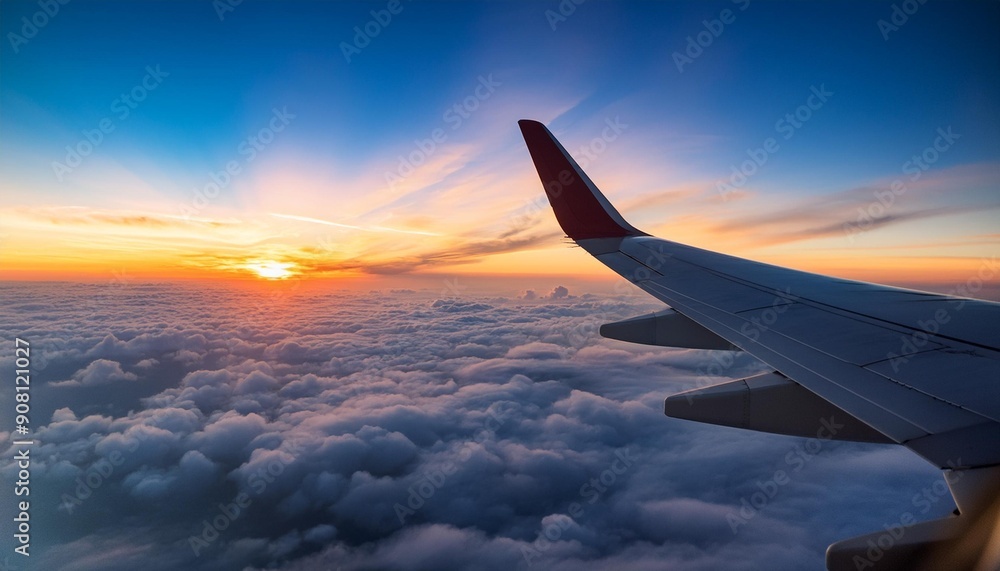 An airplane wing cutting through the clouds, with a breathtaking sunrise or sunset in the background An airplane wing cutting through the clouds, with a breathtaking sunrise or sunset in the background