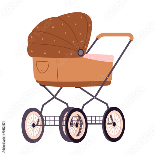 Newborn baby stroller. Retro children pushchair, vintage style kids carriage, safety transports for outdoor walking flat vector illustration. Cartoon baby wheeled pramsuit