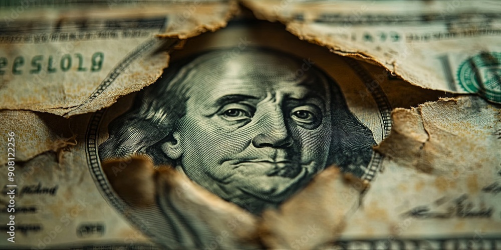 Fototapeta premium Torn Hundred Dollar Bill in Vivid Detail