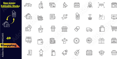 Shopping icon set. Online shopping, store, delivery, promotion and shopping cart symbol.