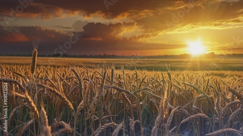 Golden wheat field at sunset with a warm glow in the countryside, seamless looping 4k animation video background