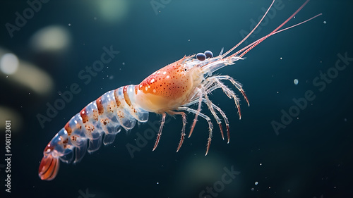 A single live shrimp suspended in water