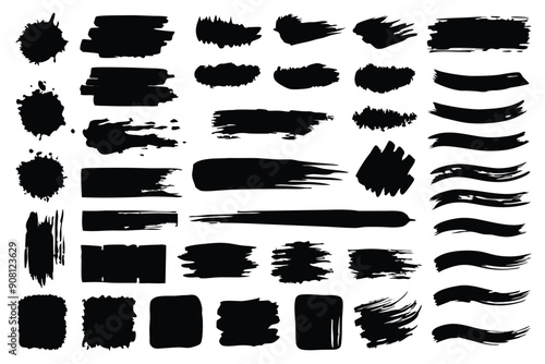 Black Ink Brush Strokes and Splashes Isolated on White Background