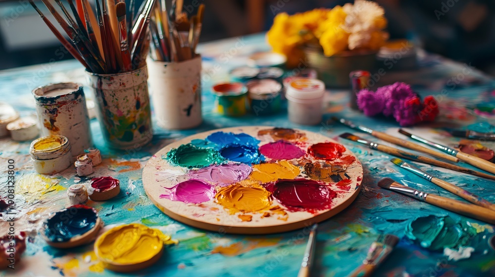 A table topped with lots of paint and brushes A table topped with lots of paint and brushes