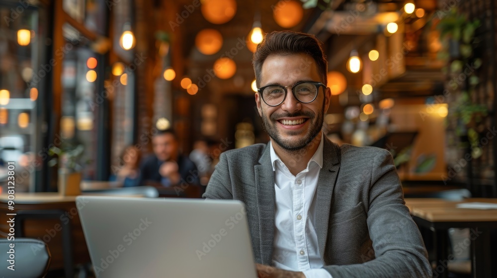 Happy business man sitting in a cafe, working with his laptop, Generative AI Happy business man sitting in a cafe, working with his laptop, Generative AI