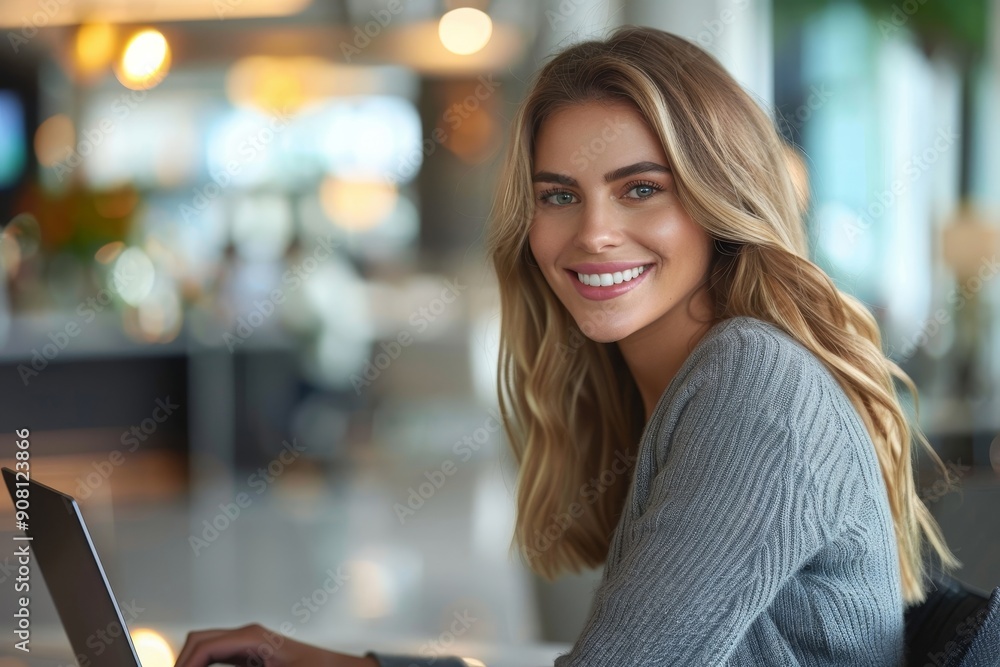 Fototapeta premium Cheerful young businesswoman using a laptop in a lobby, Generative AI