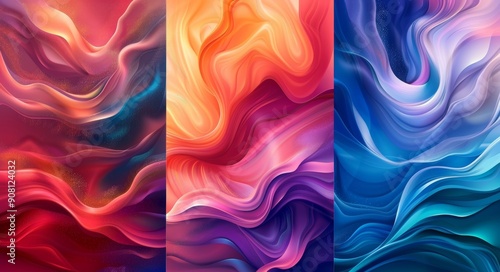 This set of three vibrant abstract wall art panels features swirls of blue, pink, and red colors.