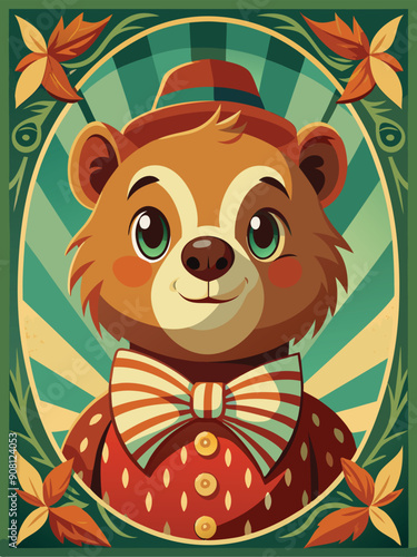 A Smiling Bear in a Hat and Bowtie, Framed with Fall Foliage