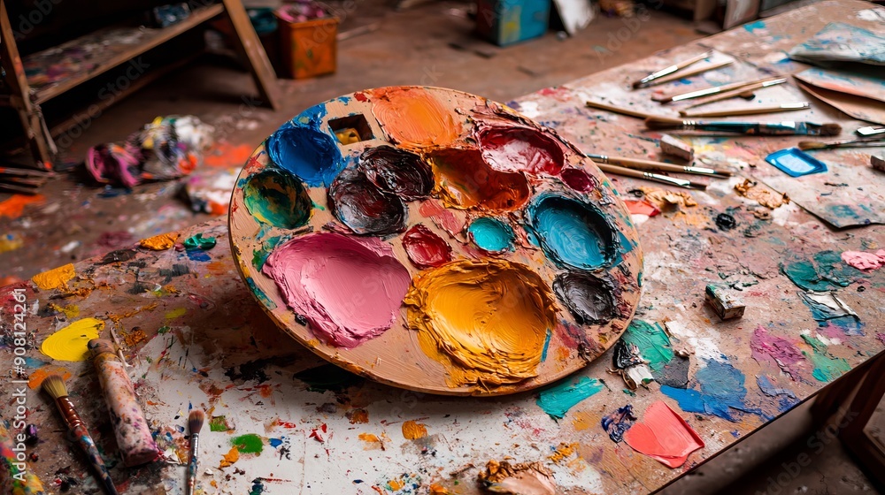 Fototapeta premium A wooden palette of paint on a table covered in paintbrushes