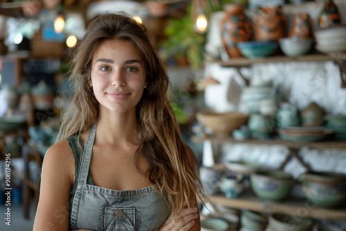 Confident young woman looking at the camera in her ceramic store, Generative AI