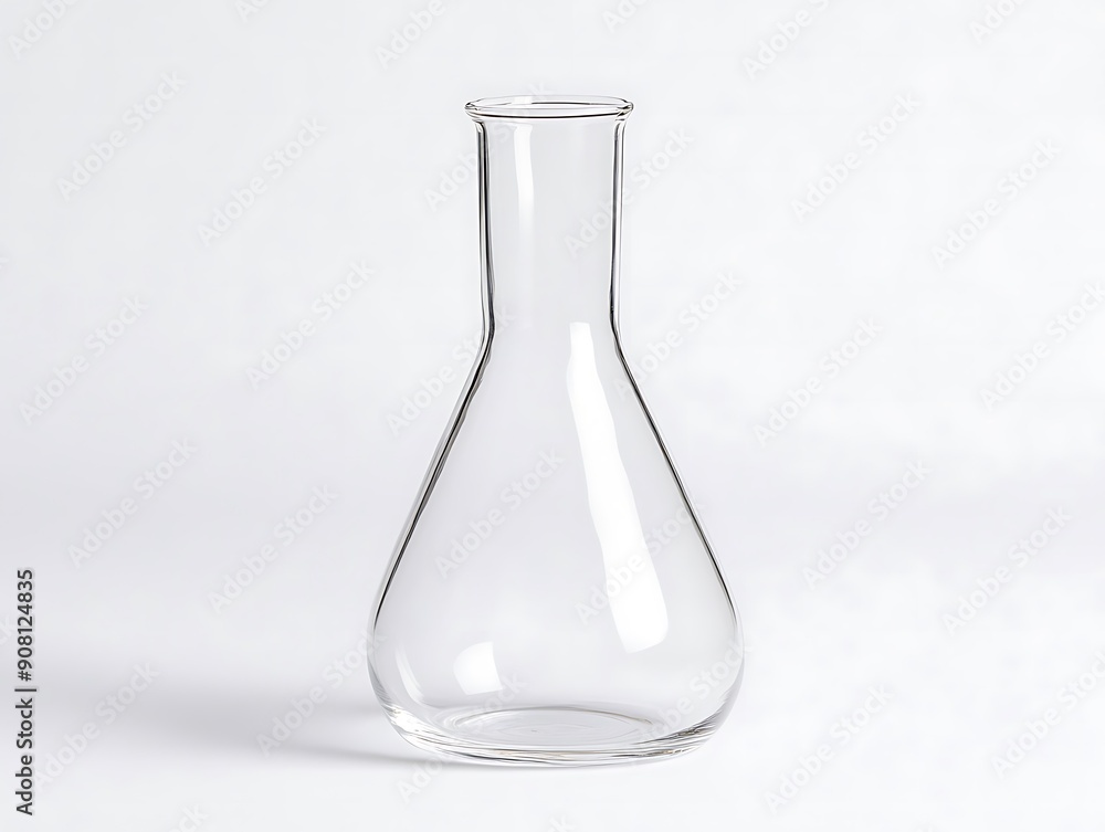 Transparent chemicals in lab flask on a white table. Scientific experimentation Transparent chemicals in lab flask on a white table. Scientific experimentation