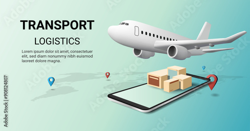 Air logistics Transportation on mobile. Online delivery service. Global logistic, Airplanes and parcel box, Airplane, warehouse. Concept of web page design for website or banner. 3D Vector. Eps 10