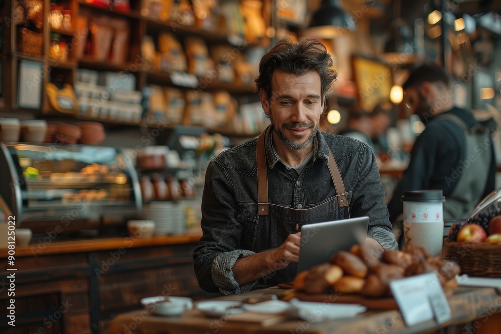Successful entrepreneur in a coffee shop using a tablet pc, Generative AI Successful entrepreneur in a coffee shop using a tablet pc, Generative AI