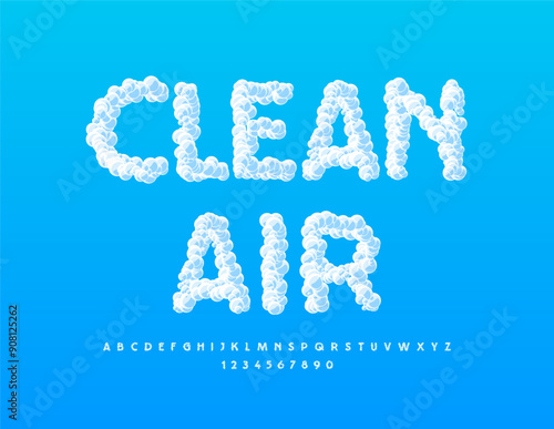 Vector eco concept Clean Air. Unique Creative Font, Sky textured Alphabet Letters and Numbers set. 