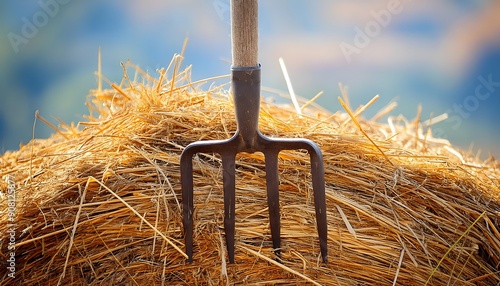 Pitchfork in hay bale in field photo