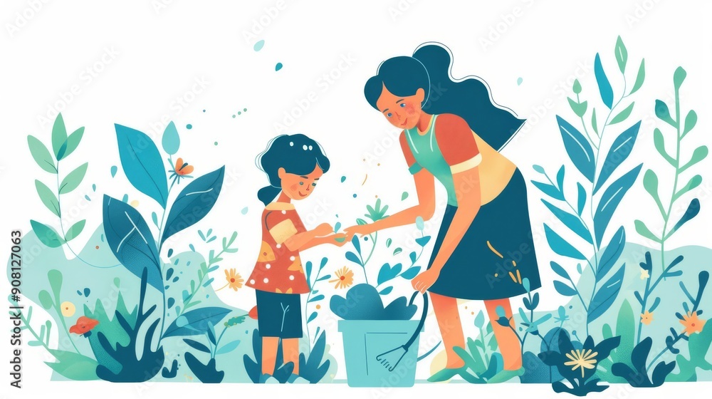 illustration, mother and child reading book, blue color theme, Mothers Day, educational, isolated on white background illustration, mother and child reading book, blue color theme, Mothers Day, educational, isolated on white background