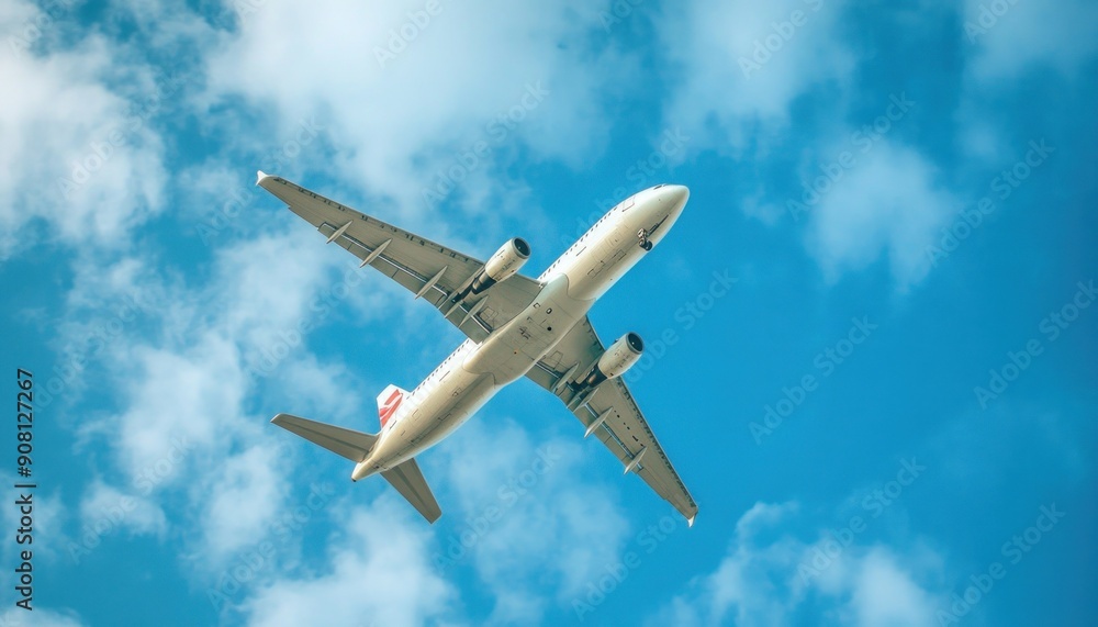 A large passenger jet is soaring gracefully through a beautiful blue cloudy sky overhead A large passenger jet is soaring gracefully through a beautiful blue cloudy sky overhead