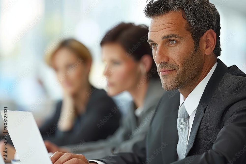 Business man using a smartphone while sitting with a laptop, Generative AI Business man using a smartphone while sitting with a laptop, Generative AI