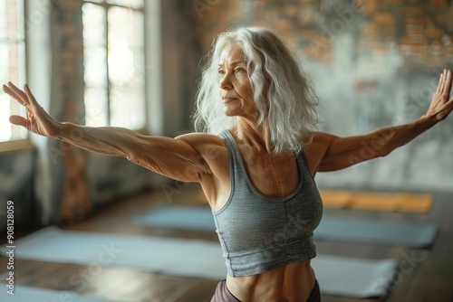 Senior woman stretching her arms in powerful warrior yoga pose, Generative AI